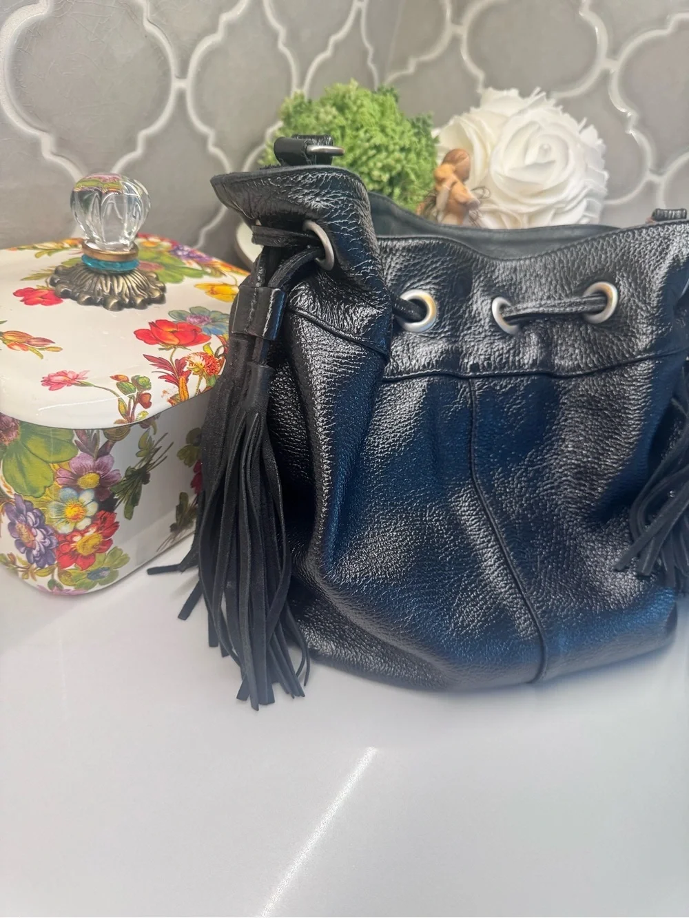 American Eagle Boho Black Leather Fringe Crossbody Bag